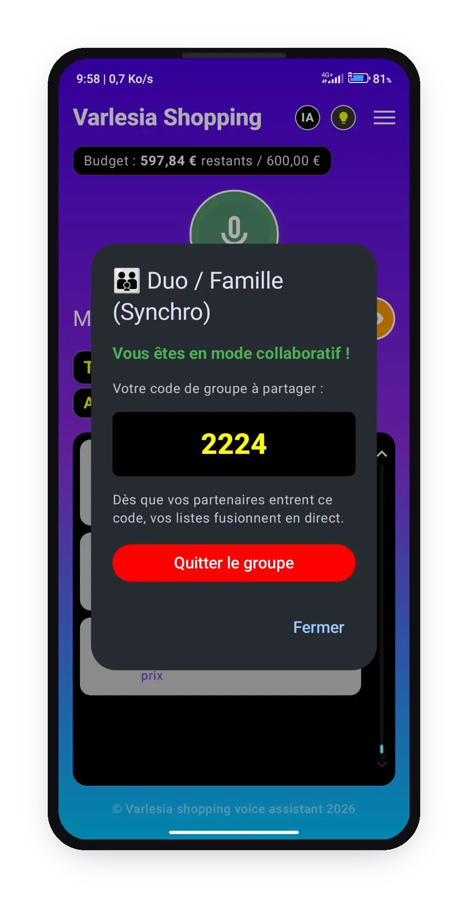 Écran Varlesia Shopping Voice : mode Duo/Famille activé avec code de groupe à partager