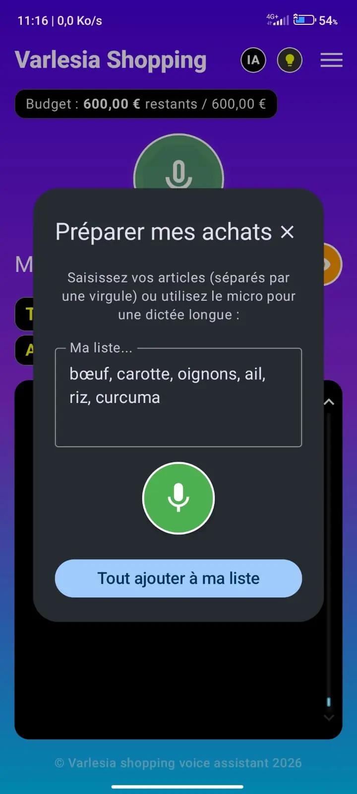 Écran Varlesia Shopping Voice : mode préparation, saisie ou dictée groupée d'articles séparés par une virgule